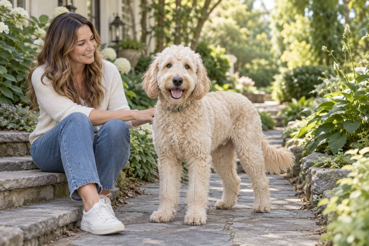 Curly cream-colored dog beside its seated owner on a garden path