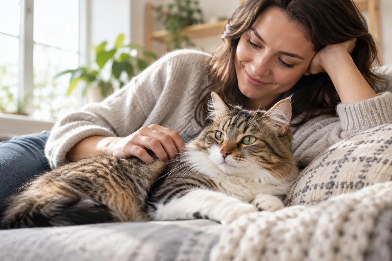 Long-haired tabby cat resting beside its owner on a blanket